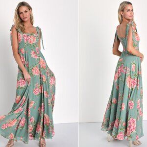 NWT Passionate Forever Sage Green Floral Print Bow Strap Maxi Dress